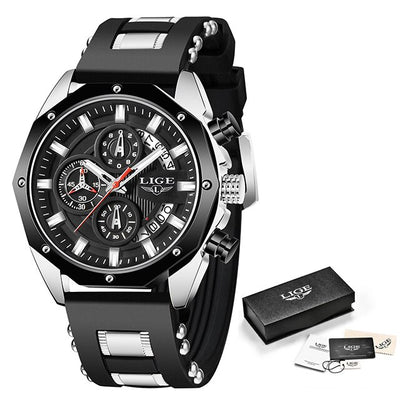 LIGE Men's Luxury Sports Watch – Military-Style Quartz Chronograph, Waterproof, Silicone Strap, Business & Casual Design with Date Display