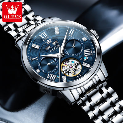 OLEVS 6701 Men's Luxury Skeleton Automatic Watch – Flywheel Design, Dual Calendar, Luminous, Waterproof Stainless Steel Wristwatch