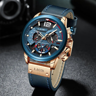 LIGE Men's Big Dial Quartz Watch – Business Style, Luminous, Waterproof, Leather Strap Wristwatch