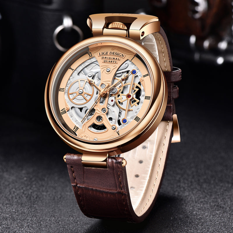 LIGE Men's Luxury Quartz Watch – Stylish Hollow Design, Waterproof Sports & Casual Leather Timepiece with Date Display