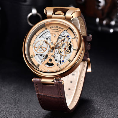 LIGE Men's Luxury Quartz Watch – Stylish Hollow Design, Waterproof Sports & Casual Leather Timepiece with Date Display