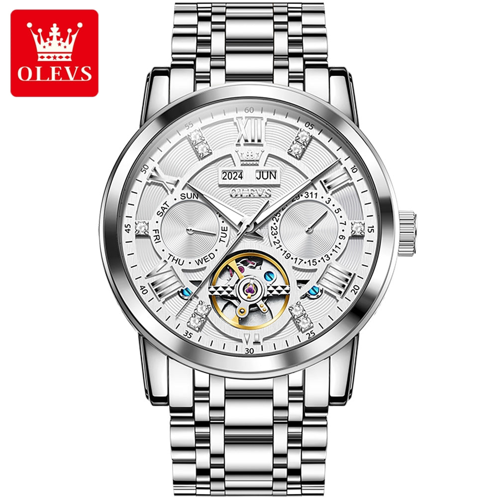 OLEVS 6701 Men's Luxury Skeleton Automatic Watch – Flywheel Design, Dual Calendar, Luminous, Waterproof Stainless Steel Wristwatch