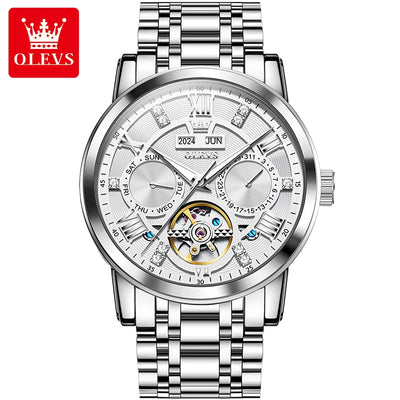 OLEVS 6701 Men's Luxury Skeleton Automatic Watch – Flywheel Design, Dual Calendar, Luminous, Waterproof Stainless Steel Wristwatch