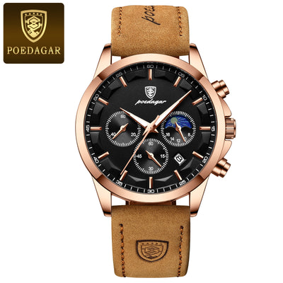 POEDAGAR Men’s Sport Watch – Luminous Quartz Chronograph, Moon Phase, Date Display, Stainless Steel Fashion Wristwatch