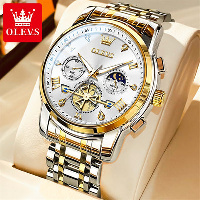 OLEVS Luxury Tourbillon Quartz Watch for Men – Stainless Steel, Waterproof, Luminous, 24-Hour Moon Phase Fashion Timepiece