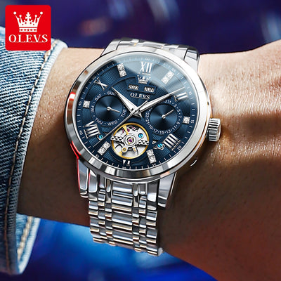 OLEVS 6701 Men's Luxury Skeleton Automatic Watch – Flywheel Design, Dual Calendar, Luminous, Waterproof Stainless Steel Wristwatch