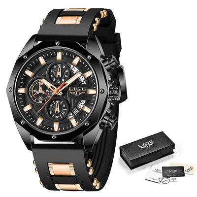 LIGE Men's Luxury Sports Watch – Military-Style Quartz Chronograph, Waterproof, Silicone Strap, Business & Casual Design with Date Display