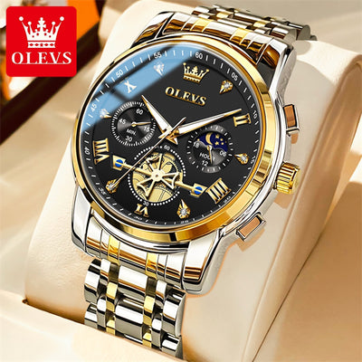 OLEVS Luxury Tourbillon Quartz Watch for Men – Stainless Steel, Waterproof, Luminous, 24-Hour Moon Phase Fashion Timepiece