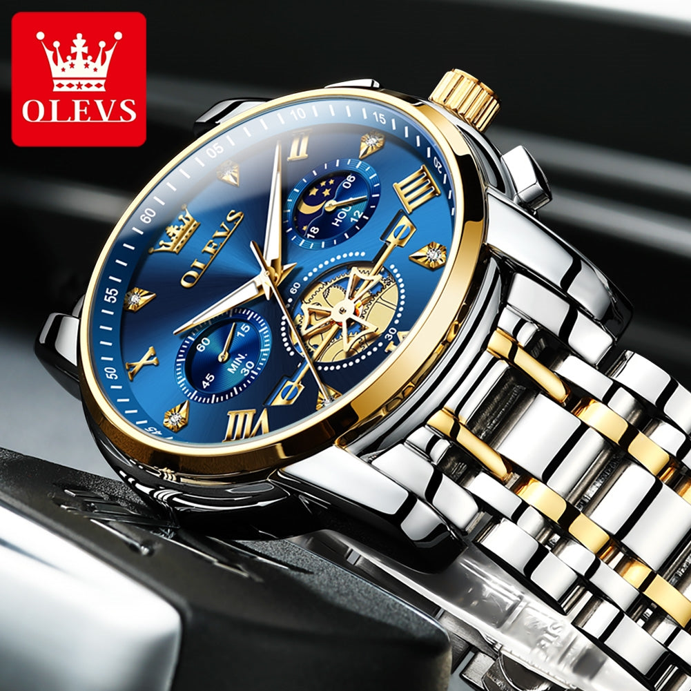 OLEVS Luxury Tourbillon Quartz Watch for Men – Stainless Steel, Waterproof, Luminous, 24-Hour Moon Phase Fashion Timepiece