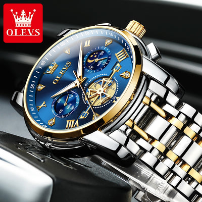 OLEVS Luxury Tourbillon Quartz Watch for Men – Stainless Steel, Waterproof, Luminous, 24-Hour Moon Phase Fashion Timepiece
