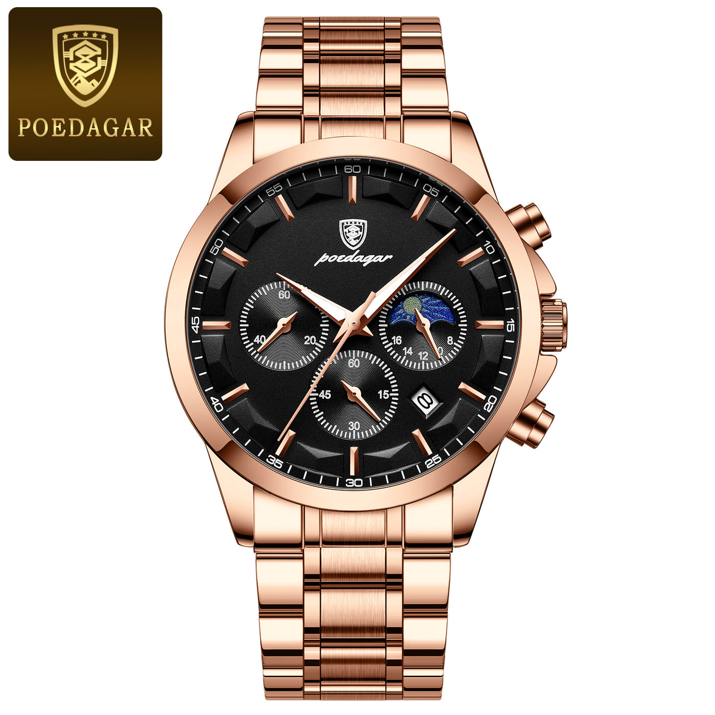 POEDAGAR Men’s Sport Watch – Luminous Quartz Chronograph, Moon Phase, Date Display, Stainless Steel Fashion Wristwatch