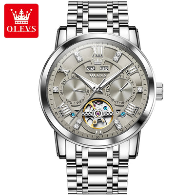 OLEVS 6701 Men's Luxury Skeleton Automatic Watch – Flywheel Design, Dual Calendar, Luminous, Waterproof Stainless Steel Wristwatch