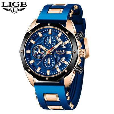 LIGE Men's Luxury Sports Watch – Military-Style Quartz Chronograph, Waterproof, Silicone Strap, Business & Casual Design with Date Display