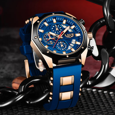 LIGE Men's Luxury Sports Watch – Military-Style Quartz Chronograph, Waterproof, Silicone Strap, Business & Casual Design with Date Display