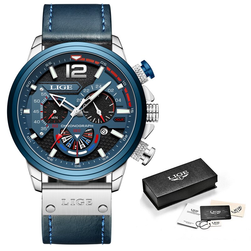LIGE Men's Big Dial Quartz Watch – Business Style, Luminous, Waterproof, Leather Strap Wristwatch