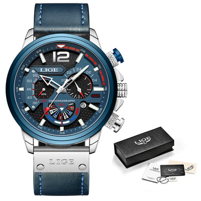 LIGE Men's Big Dial Quartz Watch – Business Style, Luminous, Waterproof, Leather Strap Wristwatch