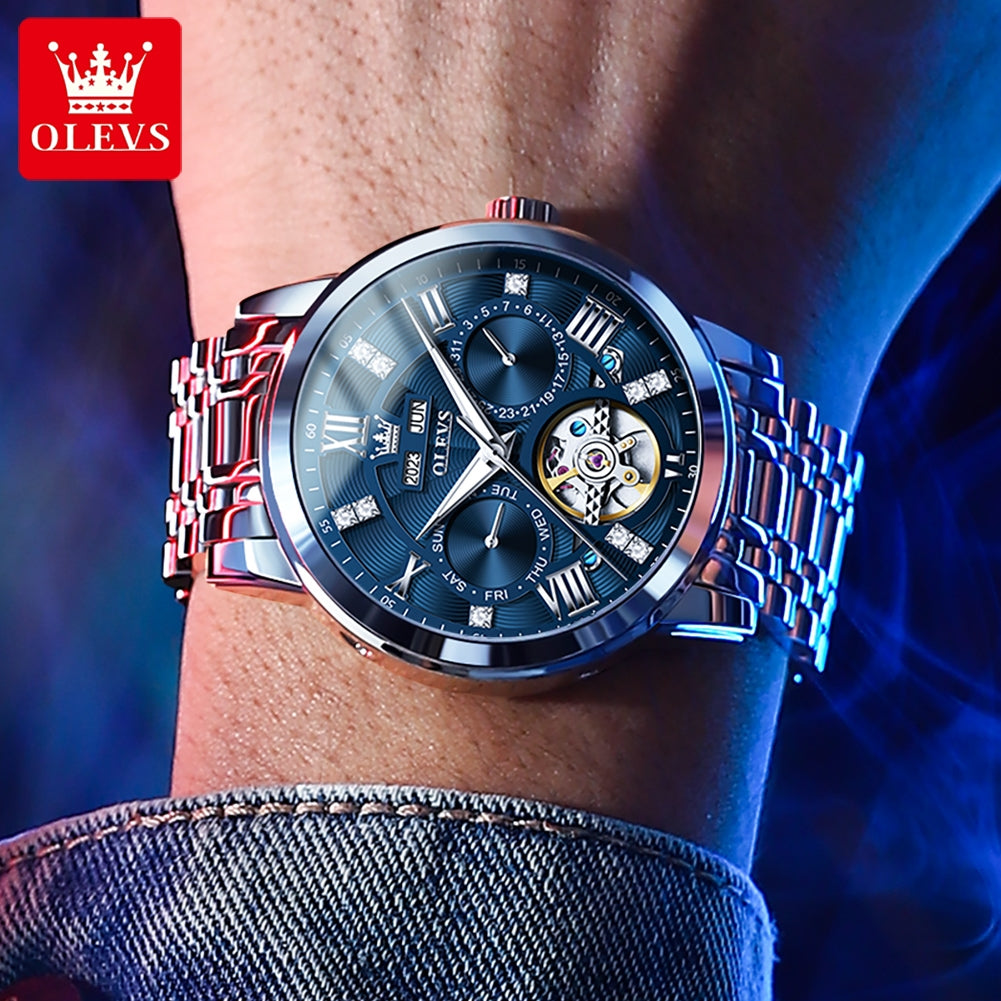 OLEVS 6701 Men's Luxury Skeleton Automatic Watch – Flywheel Design, Dual Calendar, Luminous, Waterproof Stainless Steel Wristwatch