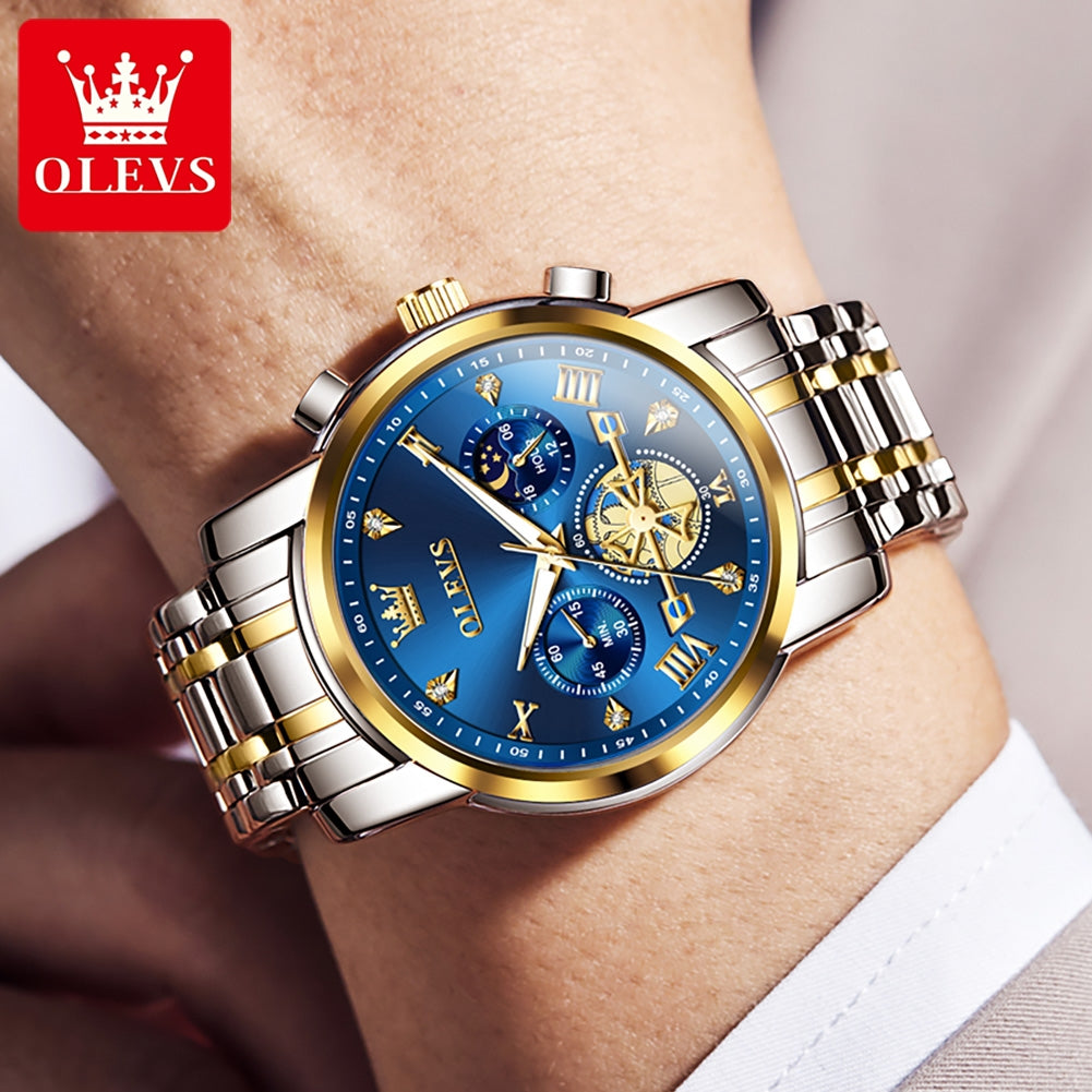 OLEVS Luxury Tourbillon Quartz Watch for Men – Stainless Steel, Waterproof, Luminous, 24-Hour Moon Phase Fashion Timepiece