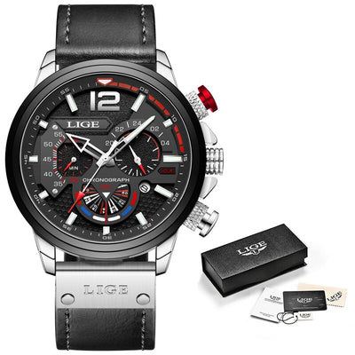 LIGE Men's Big Dial Quartz Watch – Business Style, Luminous, Waterproof, Leather Strap Wristwatch