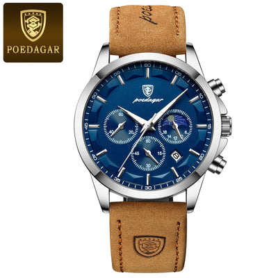 POEDAGAR Men’s Sport Watch – Luminous Quartz Chronograph, Moon Phase, Date Display, Stainless Steel Fashion Wristwatch