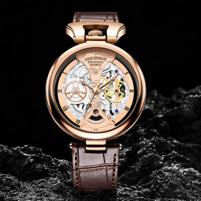 LIGE Men's Luxury Quartz Watch – Stylish Hollow Design, Waterproof Sports & Casual Leather Timepiece with Date Display