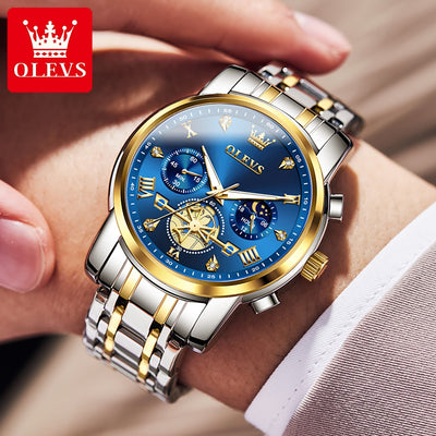 OLEVS Luxury Tourbillon Quartz Watch for Men – Stainless Steel, Waterproof, Luminous, 24-Hour Moon Phase Fashion Timepiece