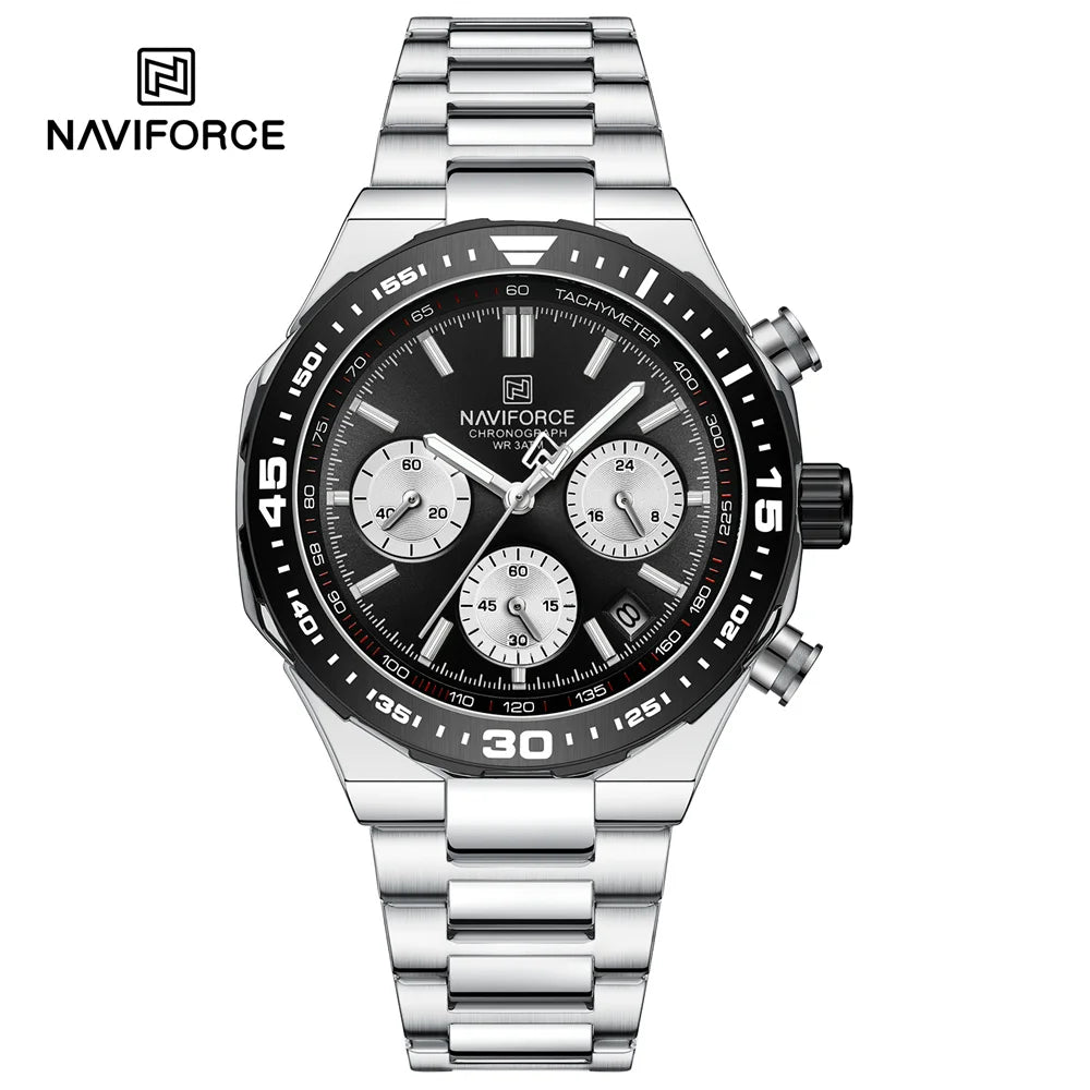 NAVIFORCE Men's Luxury Sport Watch – Military-Style Waterproof Chronograph Quartz Wristwatch with Stainless Steel Band 8049