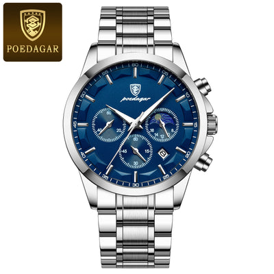 POEDAGAR Men’s Sport Watch – Luminous Quartz Chronograph, Moon Phase, Date Display, Stainless Steel Fashion Wristwatch
