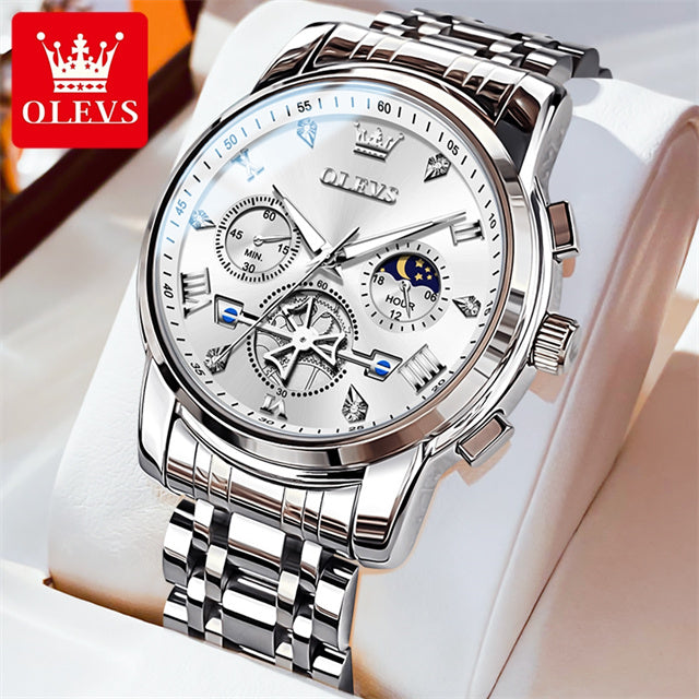 OLEVS Luxury Tourbillon Quartz Watch for Men – Stainless Steel, Waterproof, Luminous, 24-Hour Moon Phase Fashion Timepiece