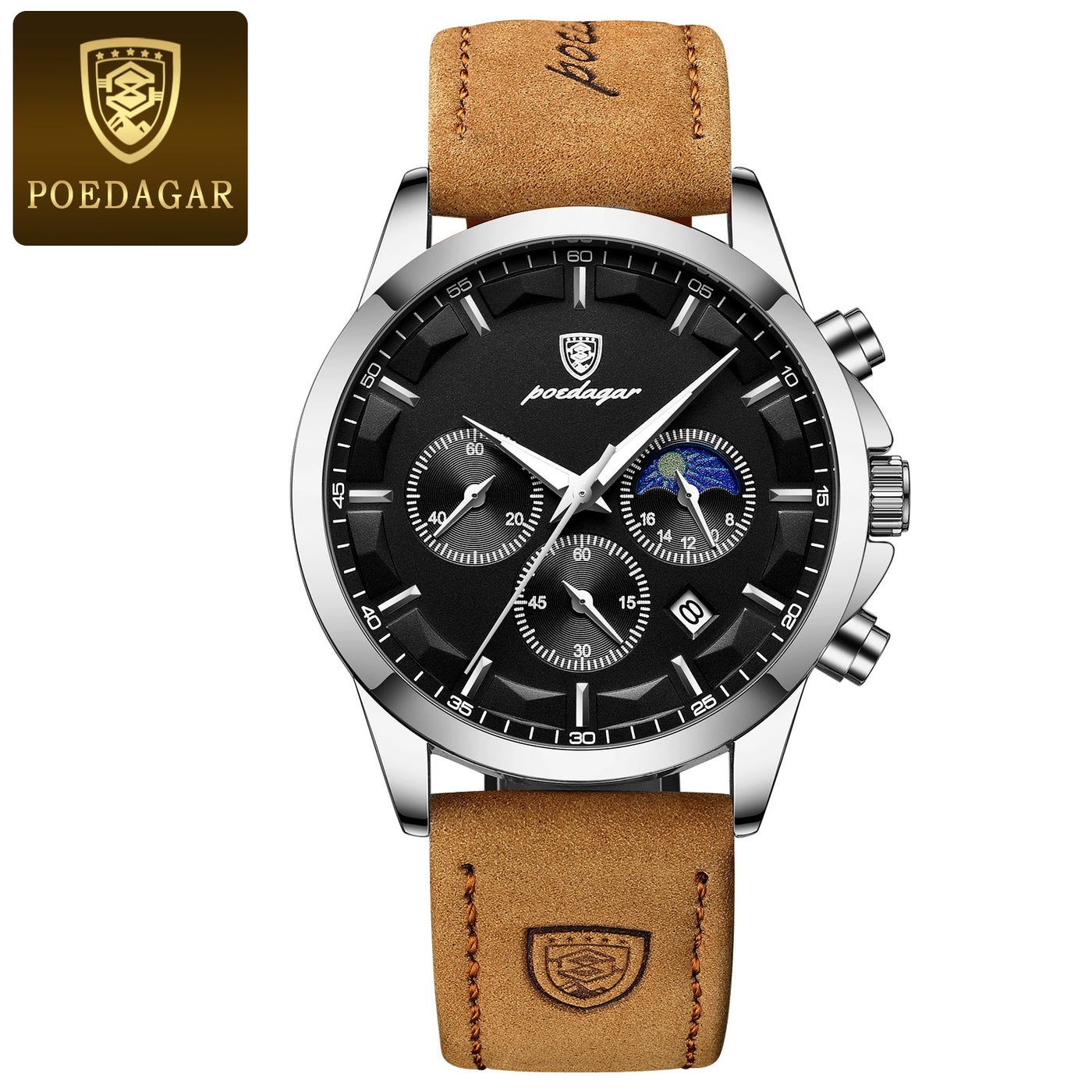 POEDAGAR Men’s Sport Watch – Luminous Quartz Chronograph, Moon Phase, Date Display, Stainless Steel Fashion Wristwatch