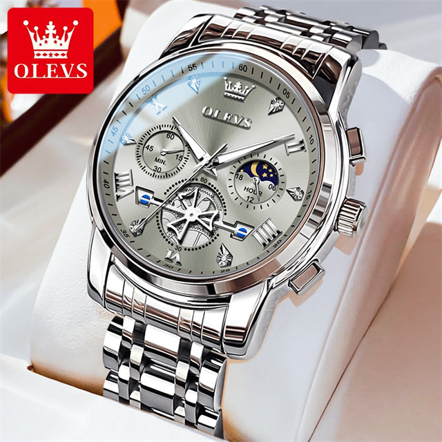OLEVS Luxury Tourbillon Quartz Watch for Men – Stainless Steel, Waterproof, Luminous, 24-Hour Moon Phase Fashion Timepiece