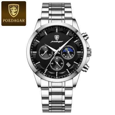 POEDAGAR Men’s Sport Watch – Luminous Quartz Chronograph, Moon Phase, Date Display, Stainless Steel Fashion Wristwatch