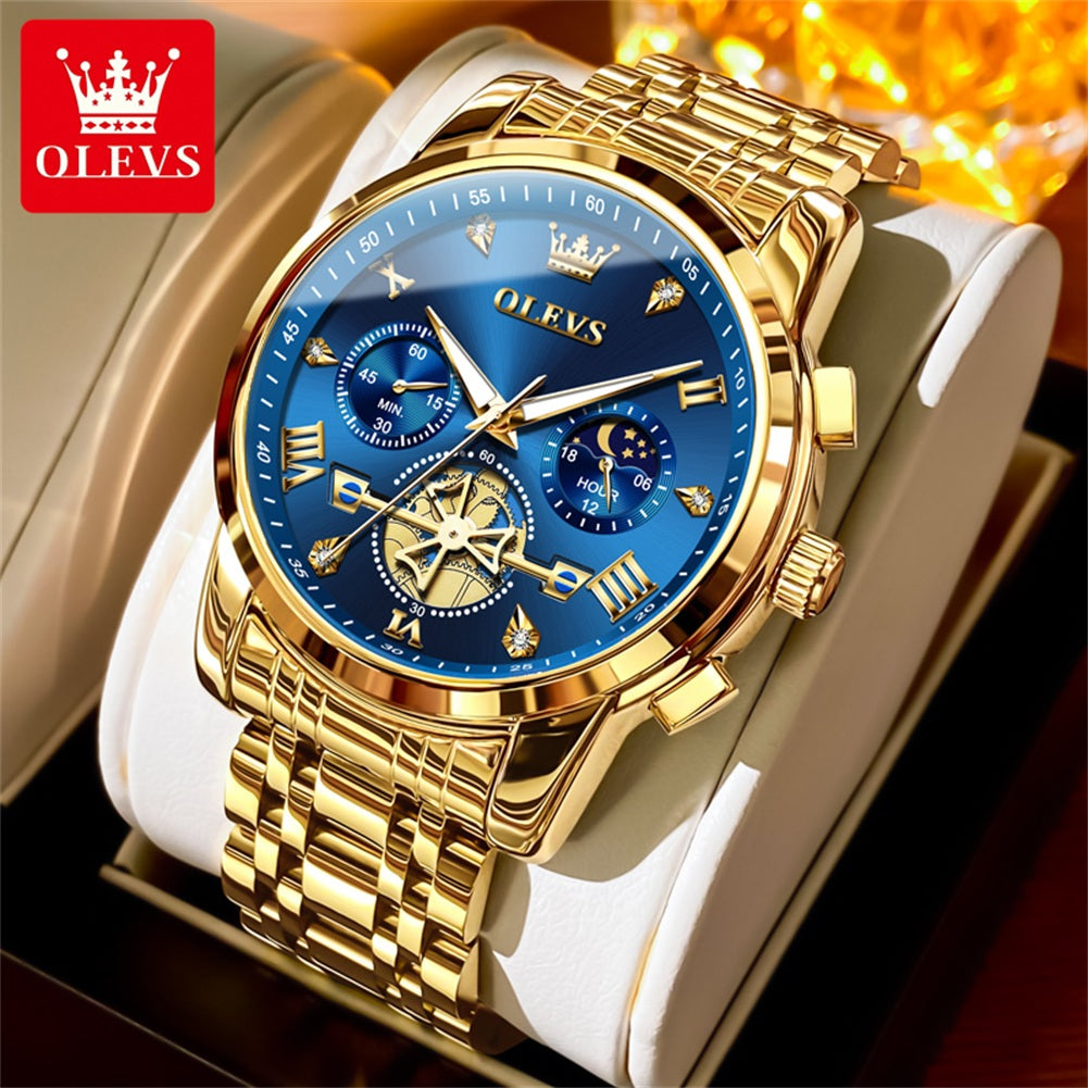 OLEVS Luxury Tourbillon Quartz Watch for Men – Stainless Steel, Waterproof, Luminous, 24-Hour Moon Phase Fashion Timepiece