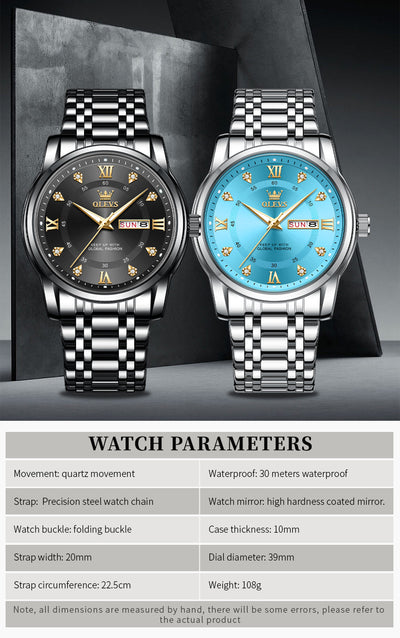 OLEVS Original Quartz Watch for Men Diamond Roman Scale Waterproof Stainless Steel Watch