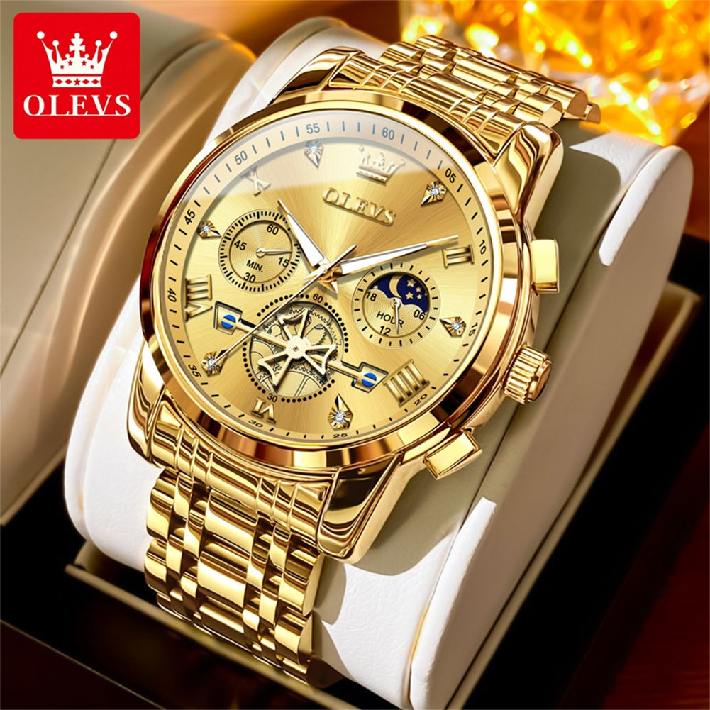 OLEVS Luxury Tourbillon Quartz Watch for Men – Stainless Steel, Waterproof, Luminous, 24-Hour Moon Phase Fashion Timepiece