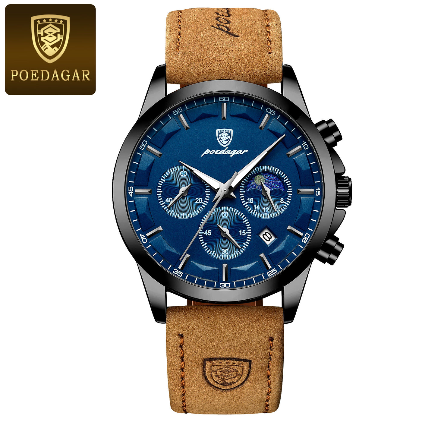 POEDAGAR Men’s Sport Watch – Luminous Quartz Chronograph, Moon Phase, Date Display, Stainless Steel Fashion Wristwatch