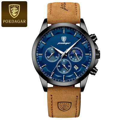 POEDAGAR Men’s Sport Watch – Luminous Quartz Chronograph, Moon Phase, Date Display, Stainless Steel Fashion Wristwatch