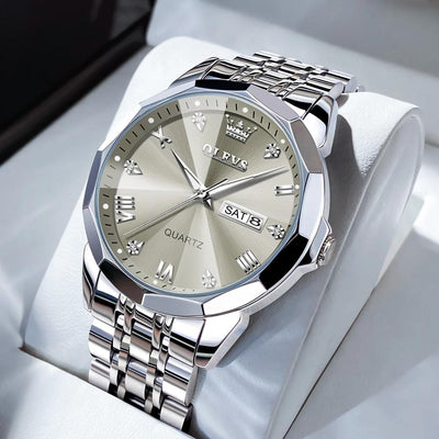 OLEVS Original Quartz Watch for Men Diamond Roman Scale Waterproof Stainless Steel Watch